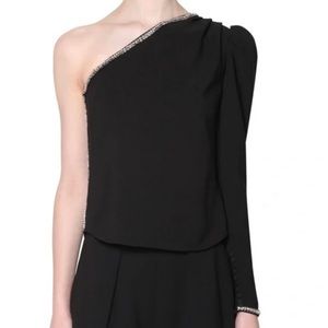 Self Portrait One Shoulder Black Crepe Top with Embellishment
